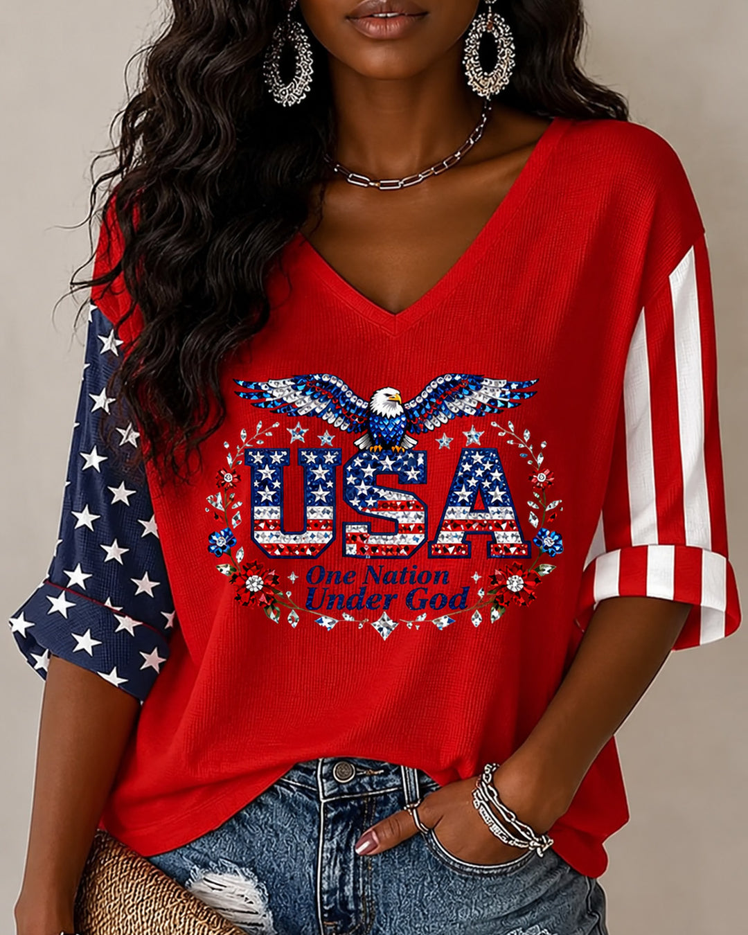 USA Floral Letters V-neck Half Sleeved Loose Top