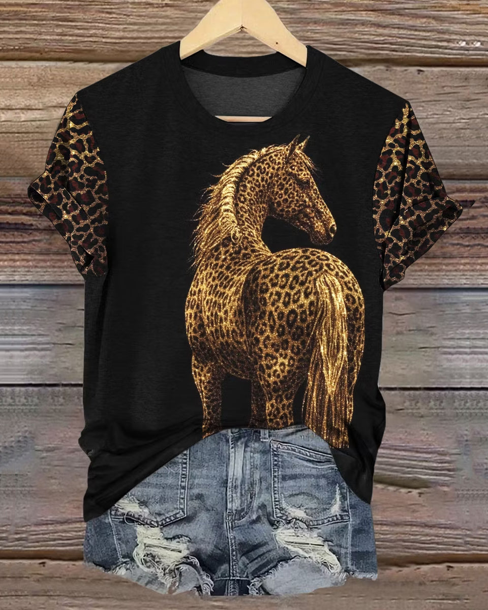 Western-style Leopard Horse Prints Crew Neck Short Sleeve Tshirt