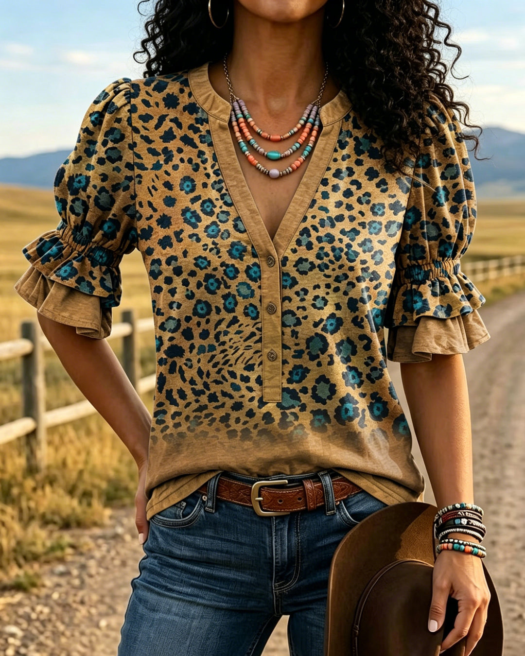 Western Leopard Print V-neck Puff Sleeve Ruffle Shirt