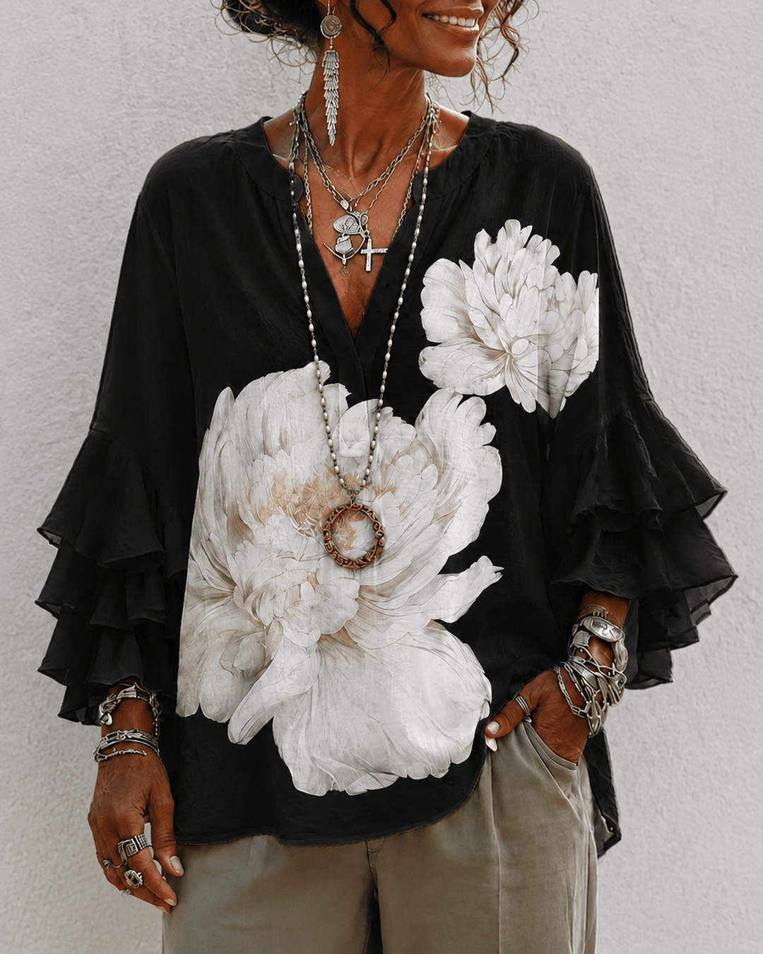 White Peony V-Neck Ruffle Lace Sleeves Blouse
