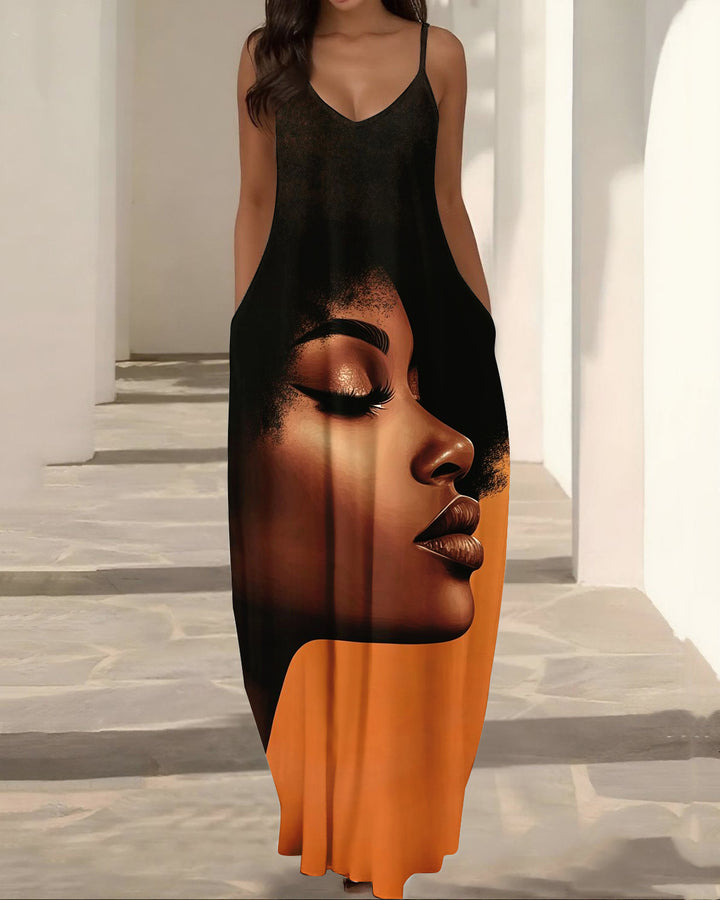 Sling Brown Woman Art Pocket Maxi Dress