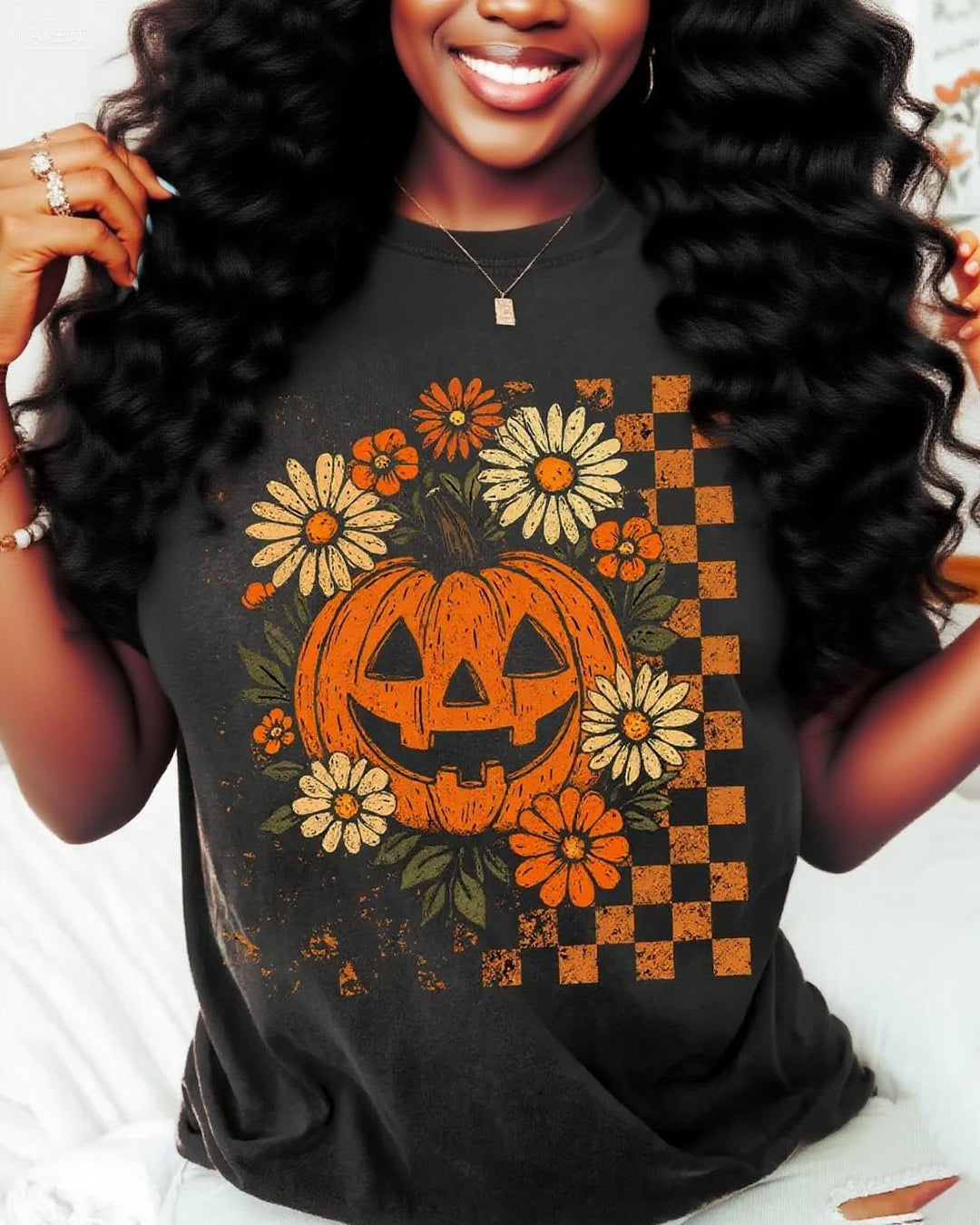 Halloween Retro Floral Pumpkin 100% Cotton Crew Neck Short Sleeve Tshirt