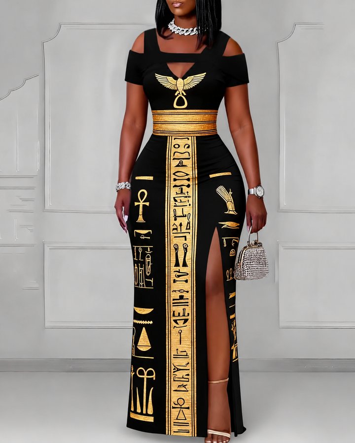 Cutout Off-shoulder V-neck Black Culture Egyptian Anka Symbol Short Sleeve Bodycon Party Dress