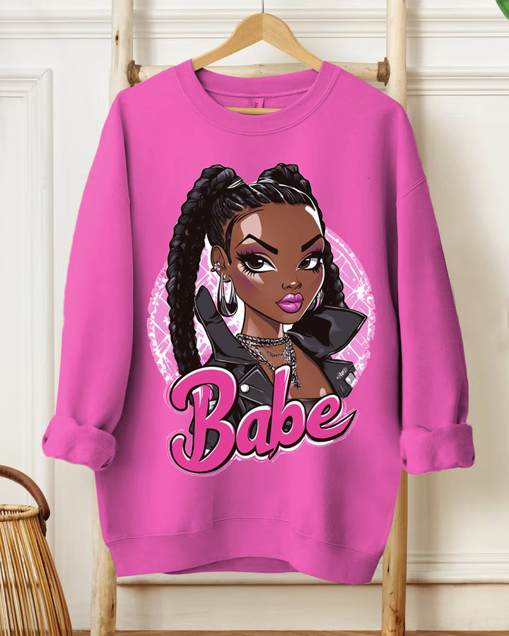Fashion Doll Print Round Neck Long Sleeve Casual Sweatshirt