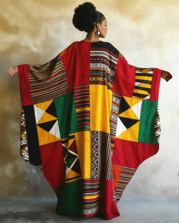 African Geometric Color Blocking Print V-Neck Long Kaftan