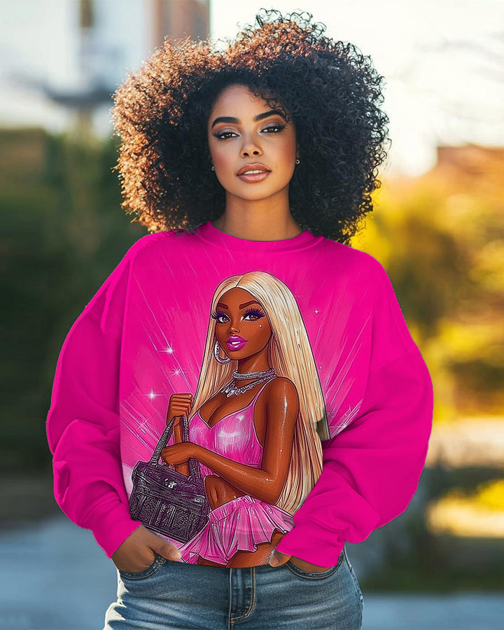 Fashion Girl Printed Long-Sleeved Round-Neck Sweatshirt