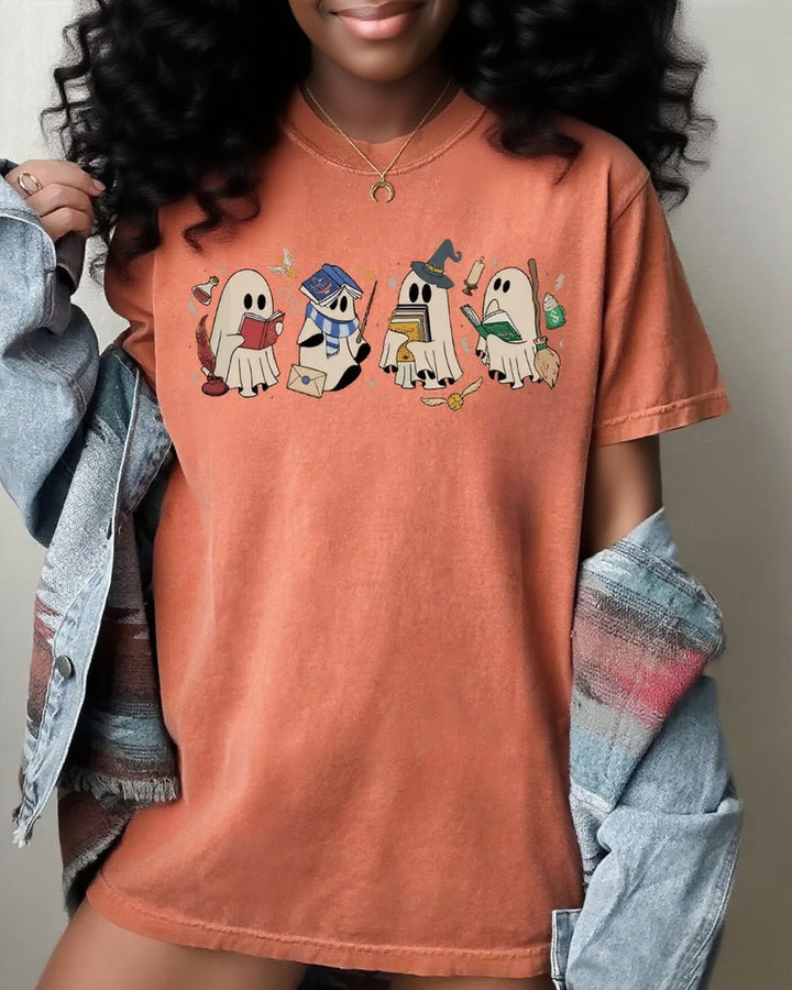 Halloween Funny Book Lover Ghost 100% Cotton Crew Neck Short Sleeve Tshirt