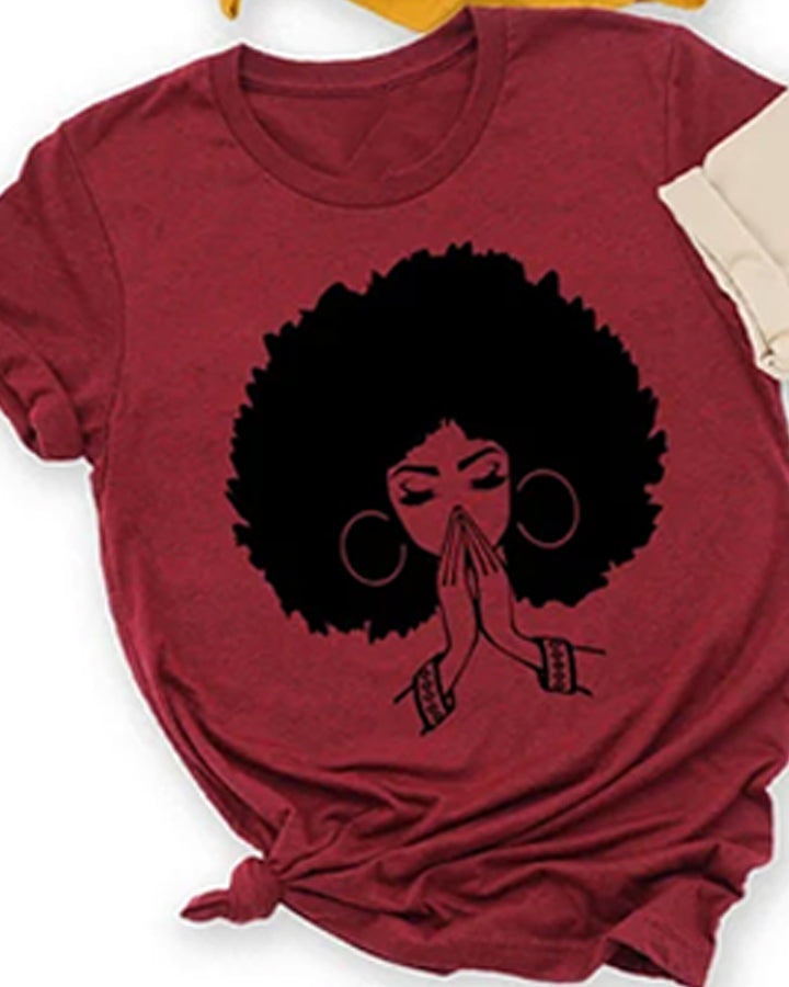 Simple black girl cartoon print ladies short-sleeved T-shirt