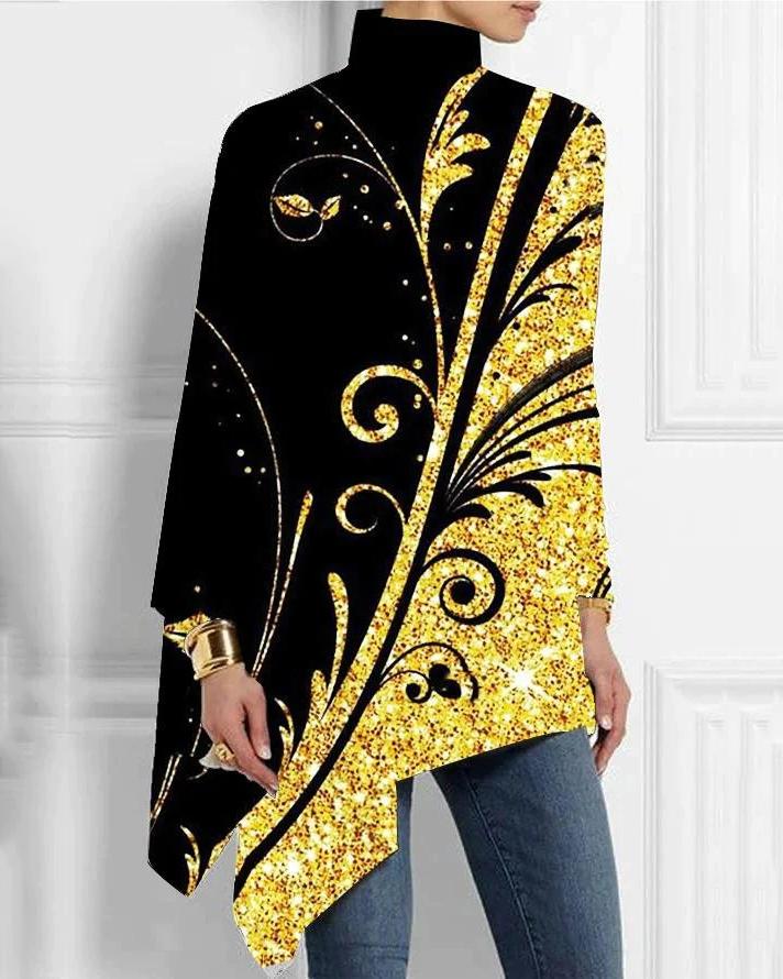 Sequined Floral Patchwork Half Turtleneck Hem Top
