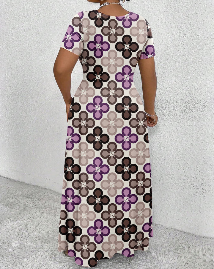 Elegant Contrasting Flowers Round Neck Short Sleeve Maxi Dress