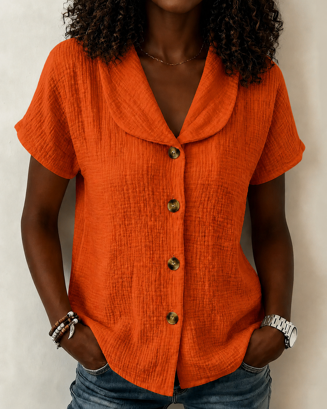 Simple Doll Collar Button Down Short Sleeve Cotton Linen Shirt