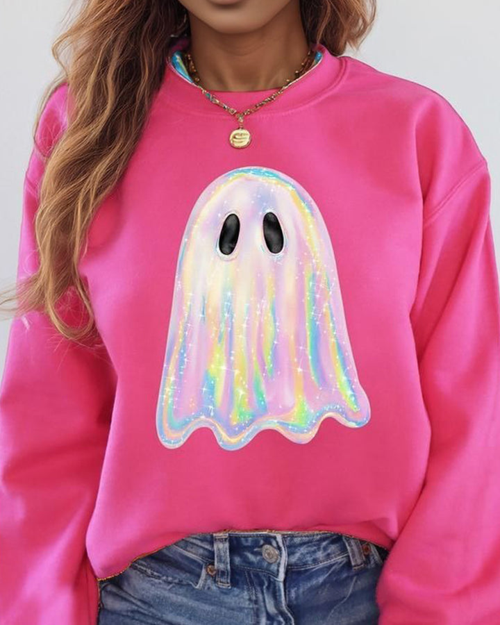 Sparkling Ghost Halloween Print Cotton Long Sleeve Sweatshirt