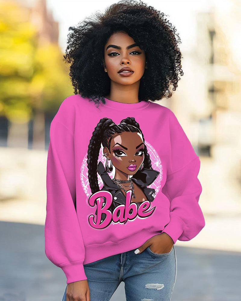 Fashion Doll Print Round Neck Long Sleeve Casual Sweatshirt
