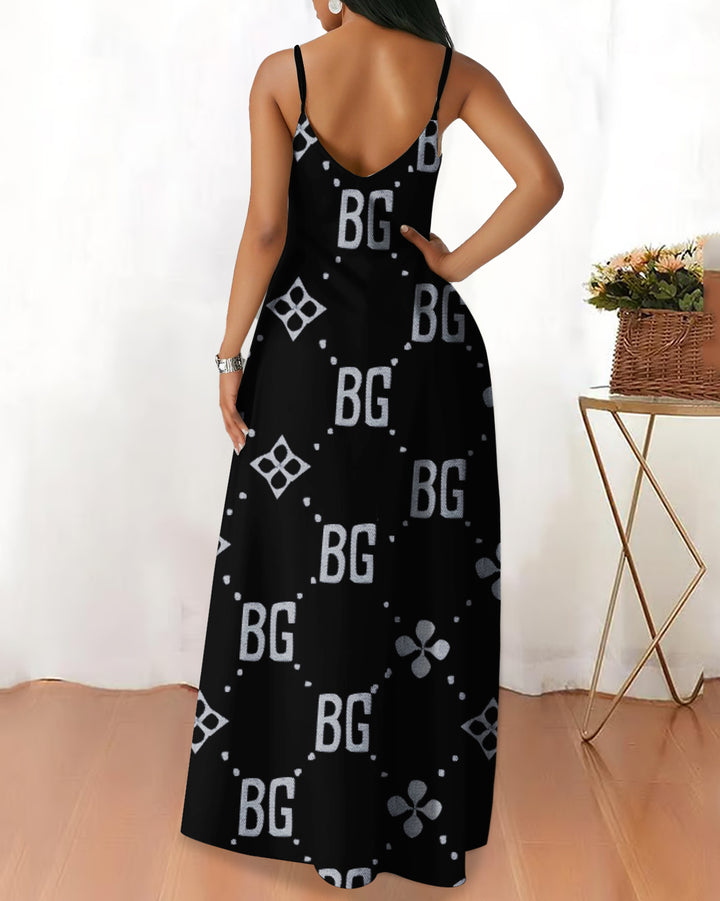 Sling Flower Letter Stitching Pocket Maxi Dress