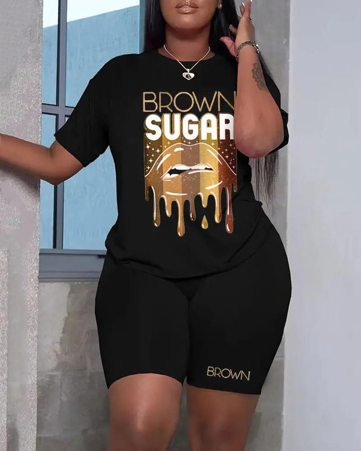 Women's Brown Suger Lip Print Short Sleeve Shorts Set