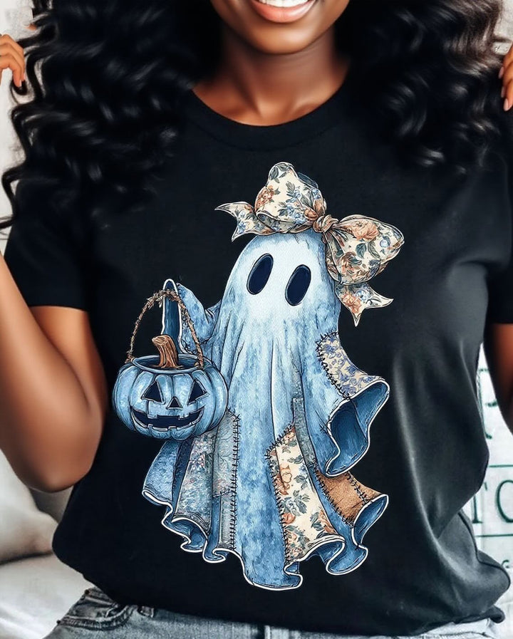 Retro Halloween Blue Denim Ghost 100% Cotton Crew Neck Short Sleeve Tshirt