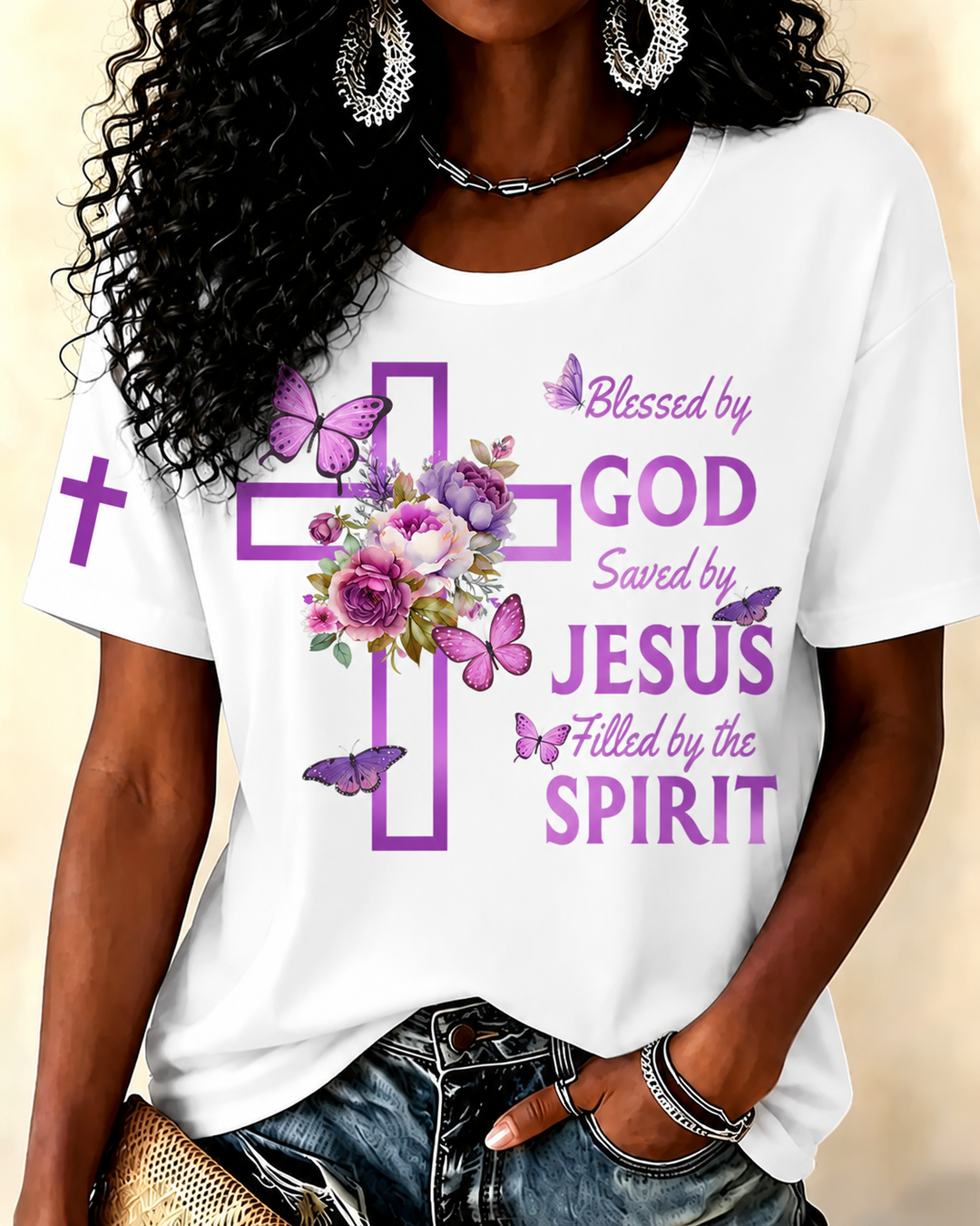 100% Cotton Blessed By God Saved By Jesus Crew Neck Short Sleeve Tshirt