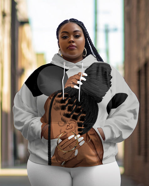Braided Brown Women Print Long Sleeve Hoodie Two Pieces Set