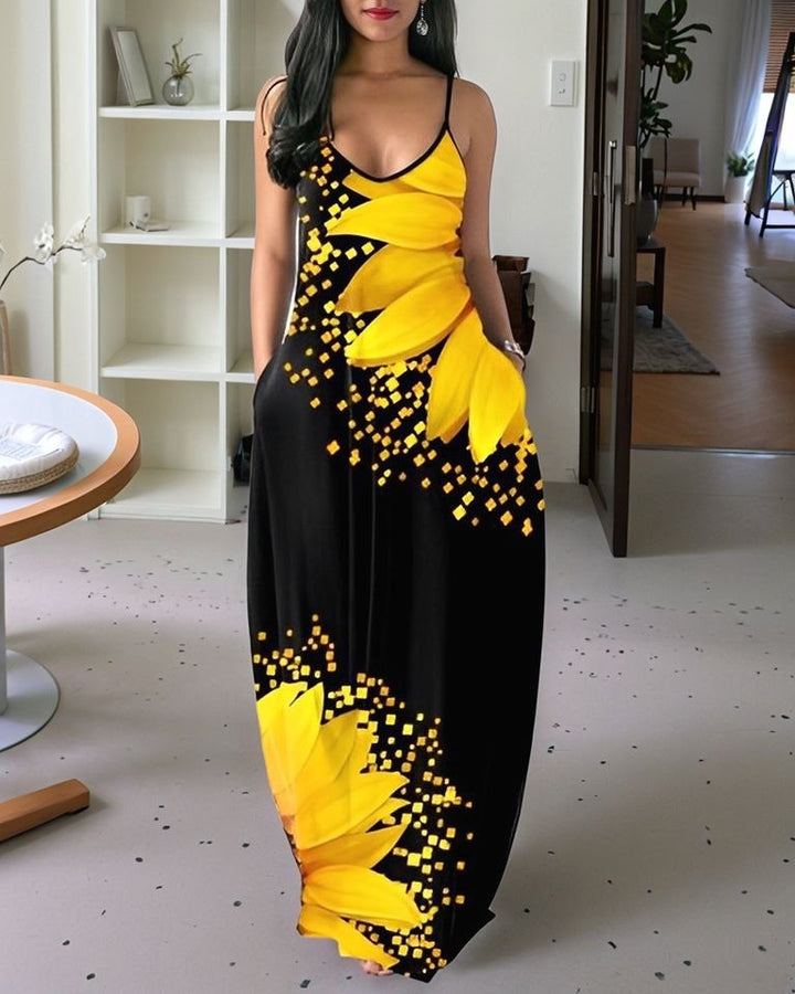 Sling Sunflower Geometric Print Pocket Maxi Dress