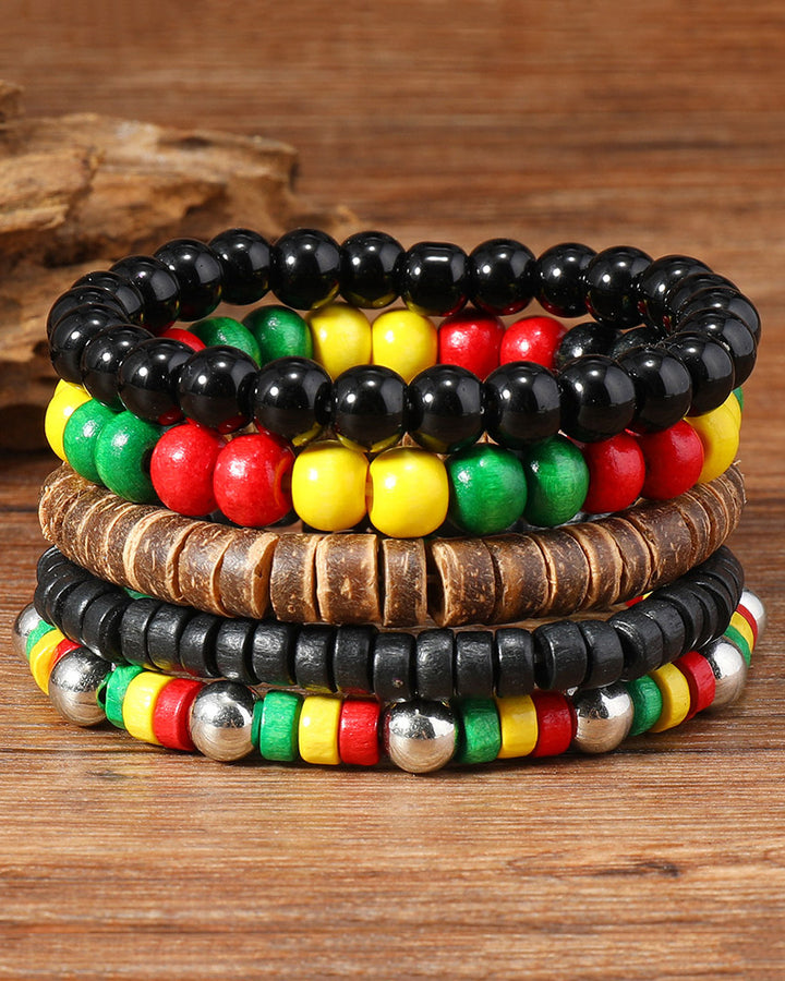Reggae Color Wooden Beads and Coconut Shell Stretch Bracelet