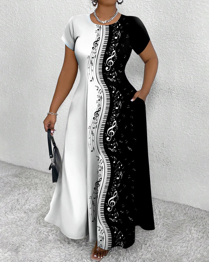 Fun Music Symbols Round Neck Short Sleeve Maxi Dress
