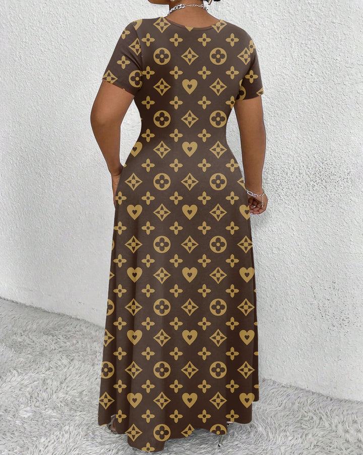 Heart Flower Print Round Neck Short Sleeve Maxi Dress