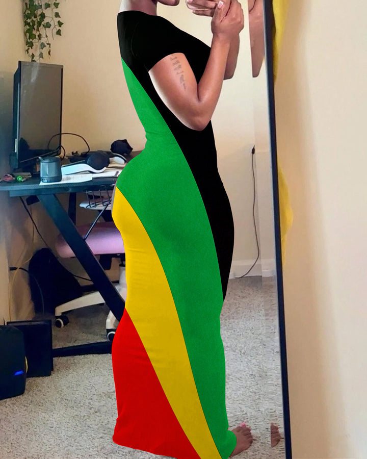 Reggae Jamaican Stripes Casual Short Sleeve Bodycon Dress