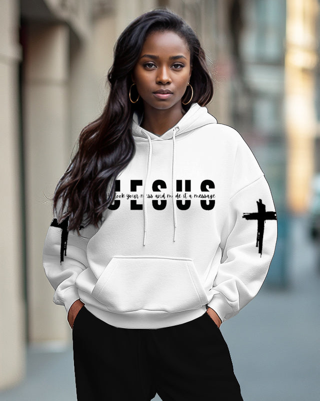 Jesus Print Printed Long Sleeve Hoodie Two Pieces Set