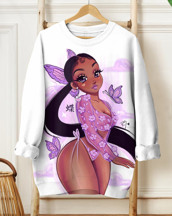 Purple Butterfly Cartoon Girl Crewneck Sweatshirt