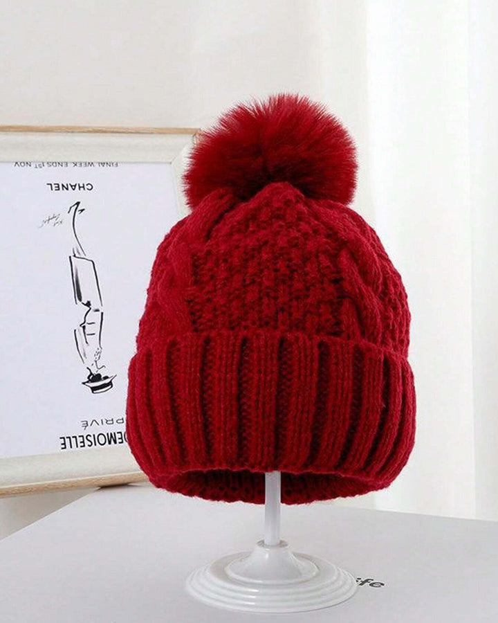 Women Warm Knitted Hat With Large Fur Pom Pom