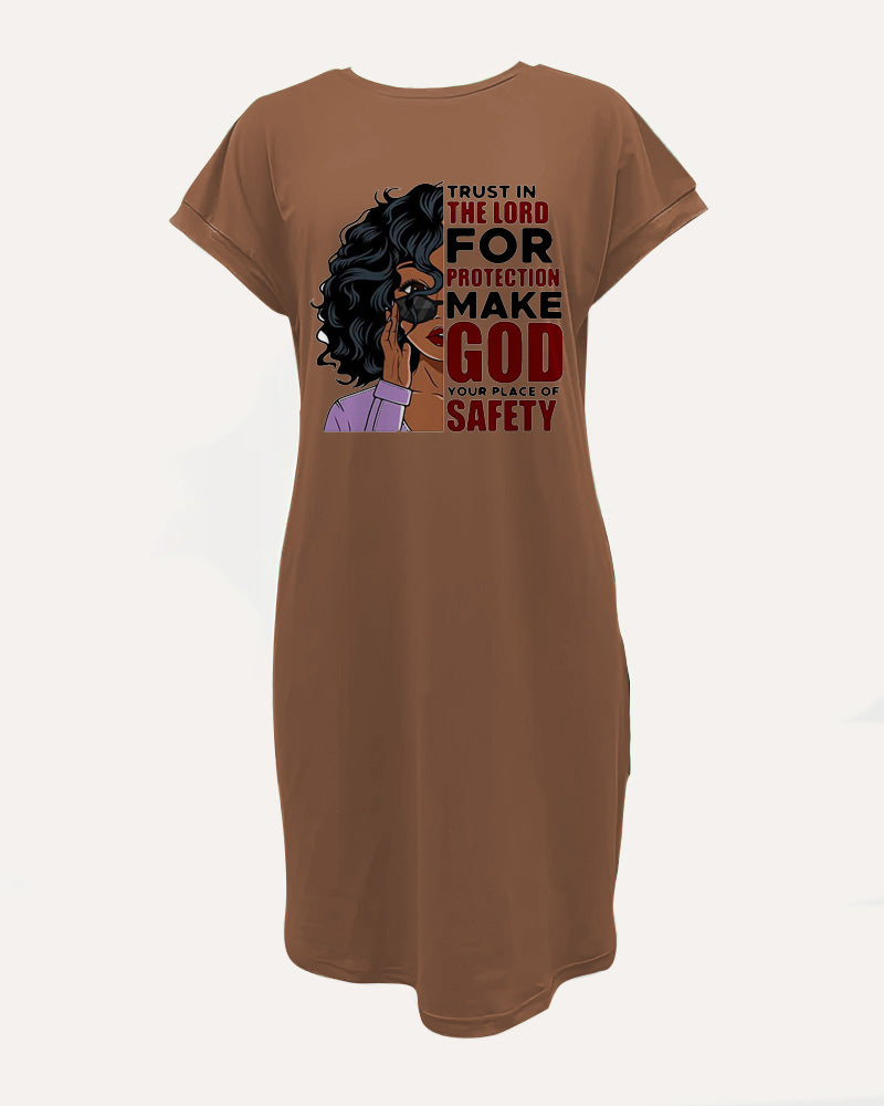 Crewneck Raglan-Sleeve Pocket Dress with Cartoon and Letter Prints