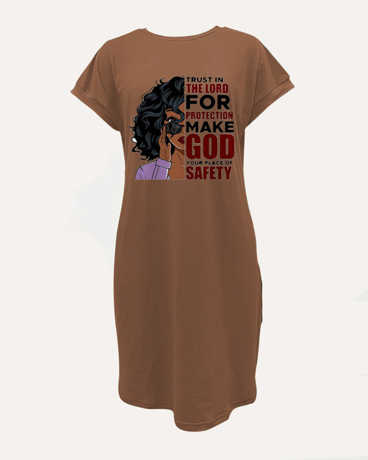 Crewneck Raglan-Sleeve Pocket Dress with Cartoon and Letter Prints