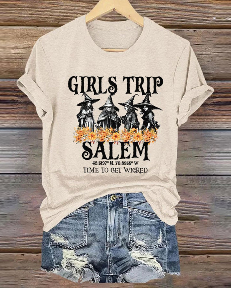 Women's Girl's Trip Salem Time To Get Wicked Halloween Printed T-Shirt