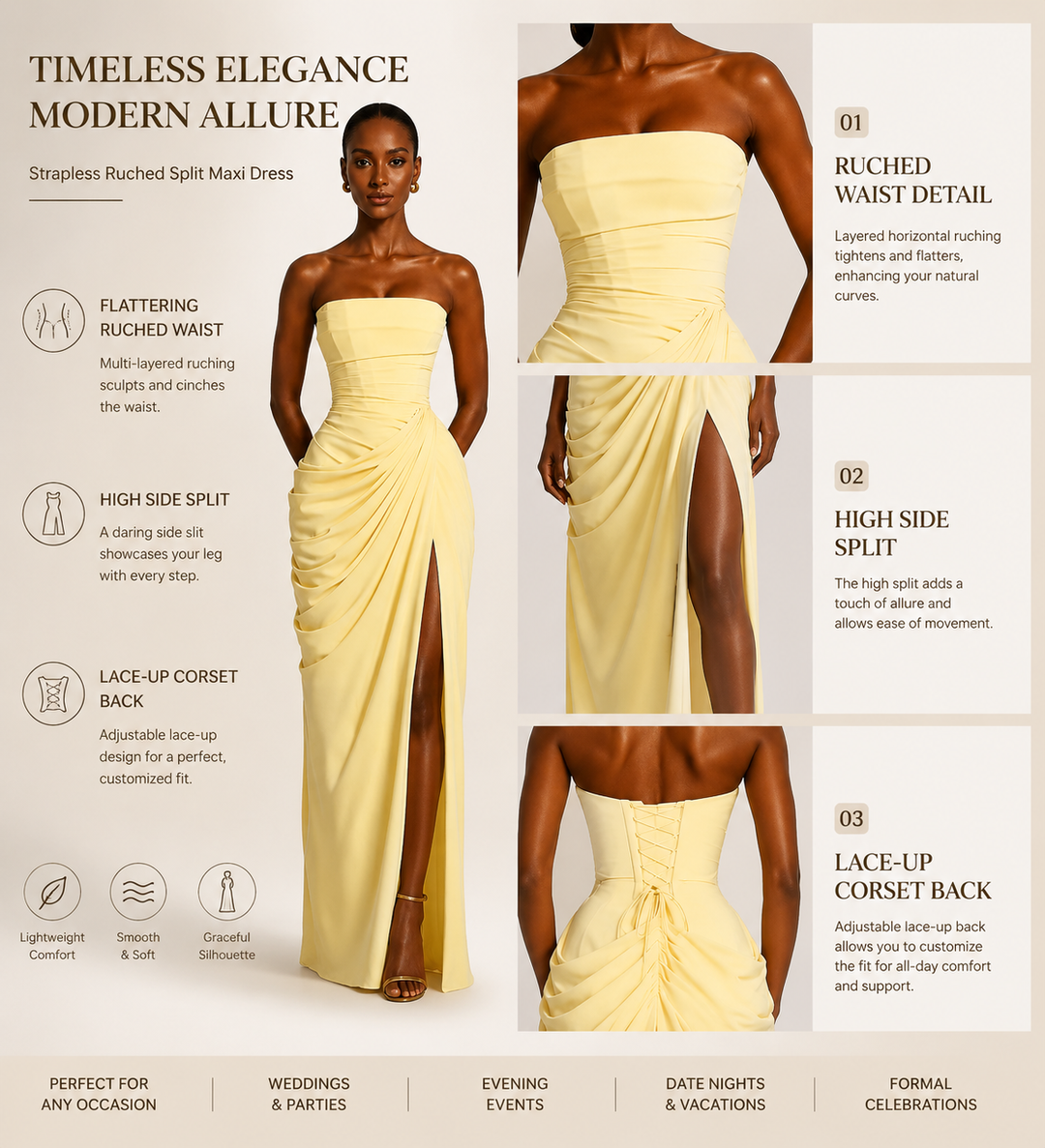 Back Lace-up Asymmetrical Pleats Strapless Slit Maxi Dress
