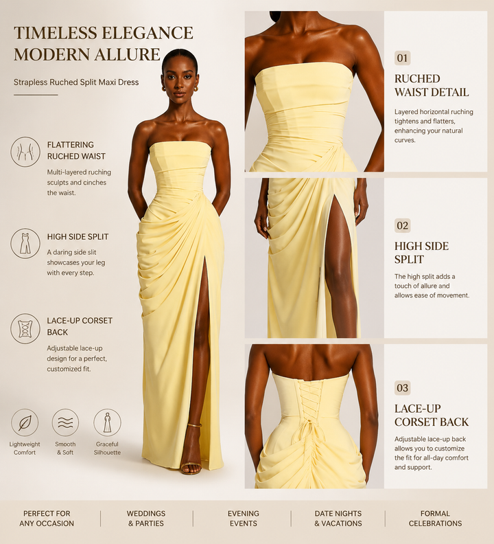 Back Lace-up Asymmetrical Pleats Strapless Slit Maxi Dress