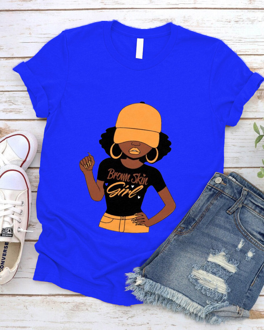 Brown Skin Girl Woman 100% Cotton Crew Neck Short Sleeve Tshirt