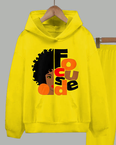 Focused Black Woman Print Long Sleeve Hoodie Two Pieces Set