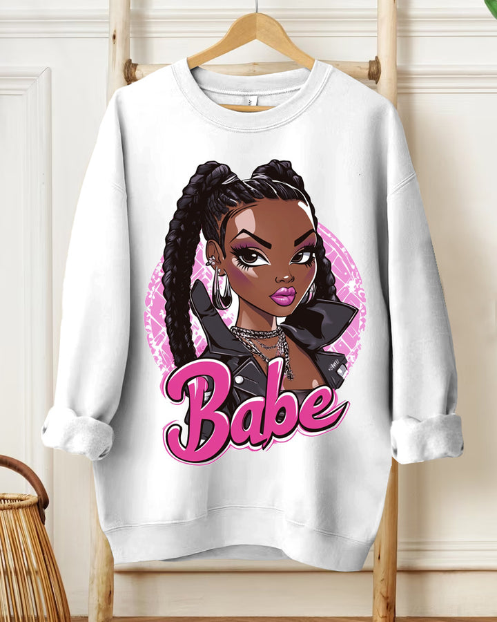 Fashion Doll Print Round Neck Long Sleeve Casual Sweatshirt