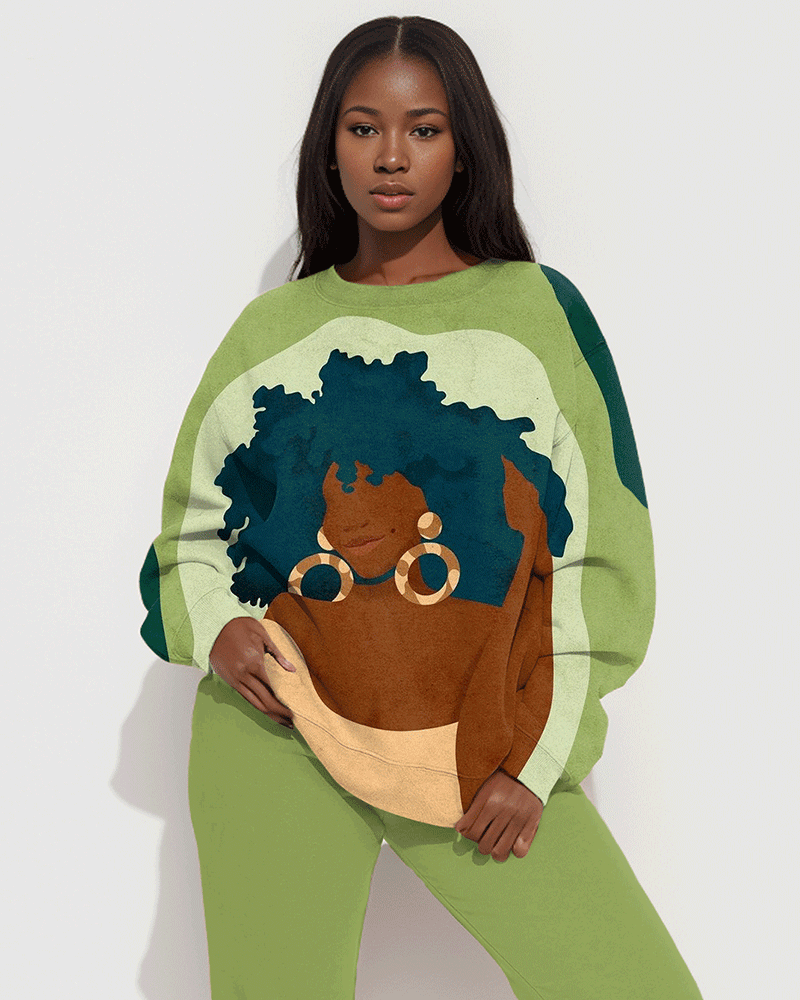 Afro Girl with Earrings Print Long Sleeve Sweatshirt Two Pieces Set