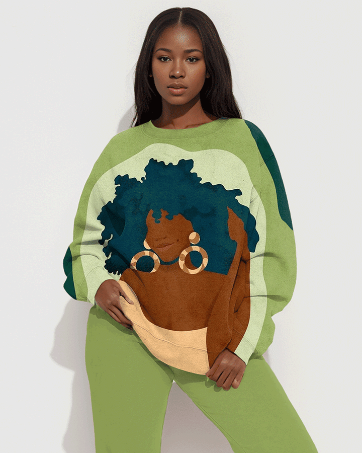 Afro Girl with Earrings Print Long Sleeve Sweatshirt Two Pieces Set