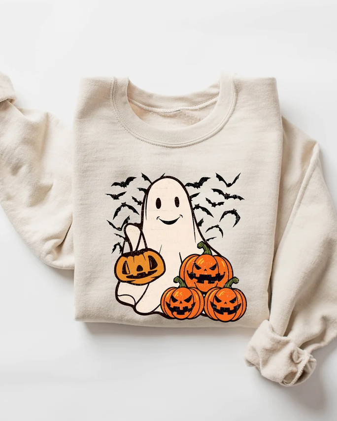 Halloween Funny Ghost Pumpkin Cotton Long Sleeve Sweatshirt