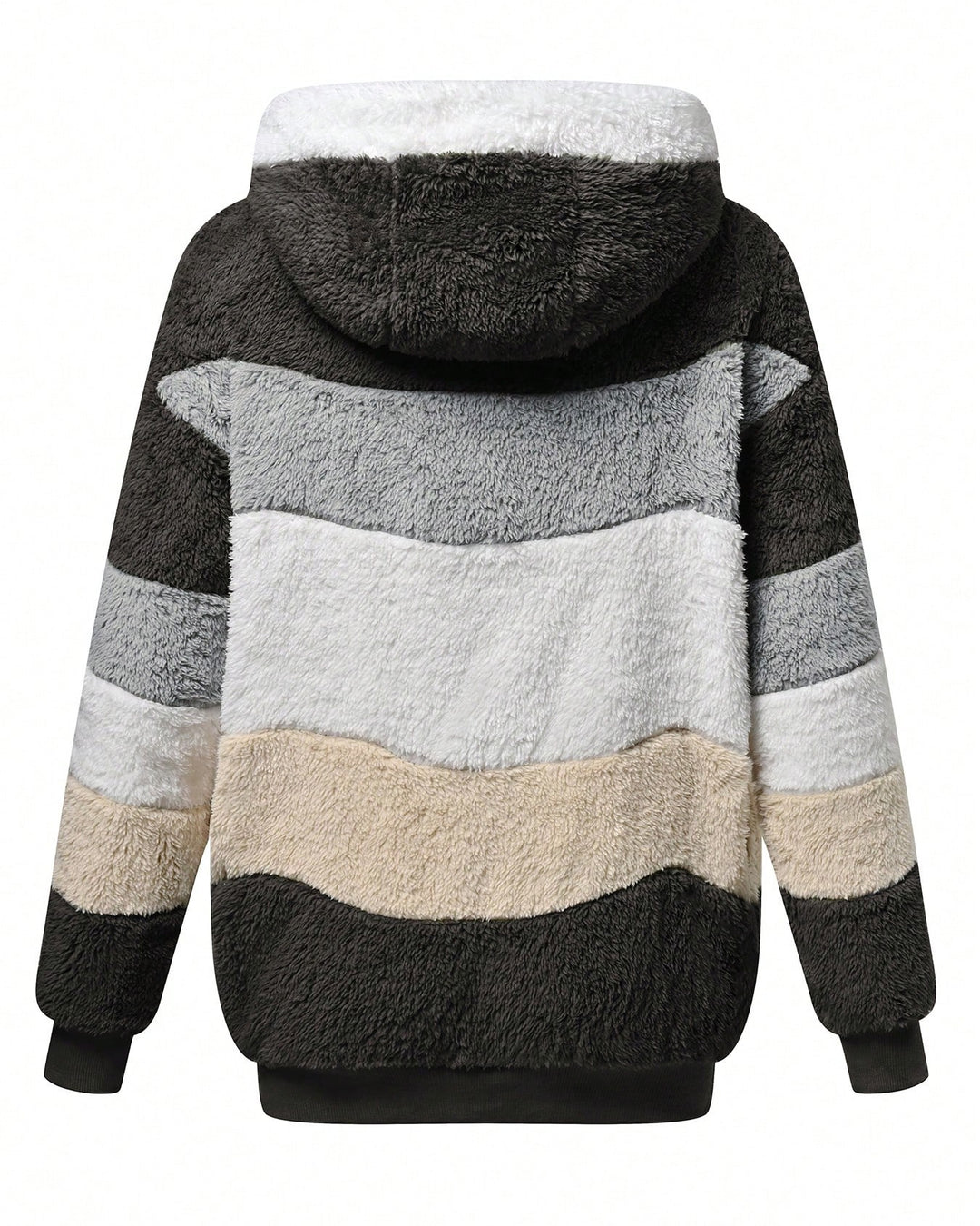 Women Loose Fluffy Colorblock Hooded Coat