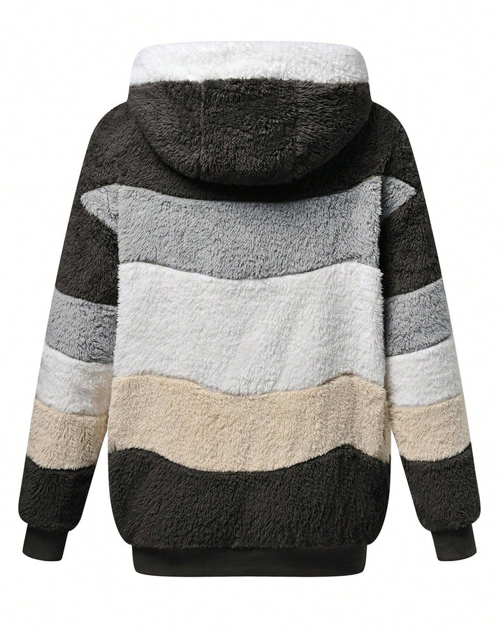 Women Loose Fluffy Colorblock Hooded Coat