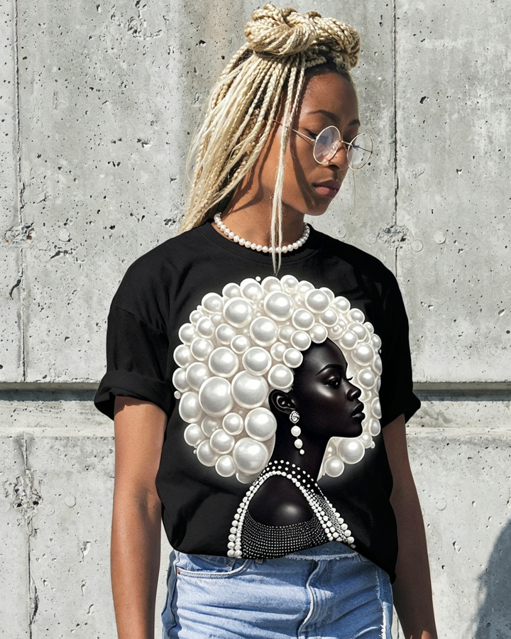 Pearl Afro Black Woman Crew Neck Short Sleeve Tshirt