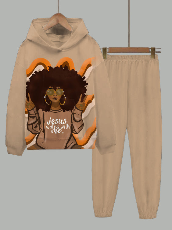 Jesus Walks with Me Long Sleeve Hoodie Two Pieces Set