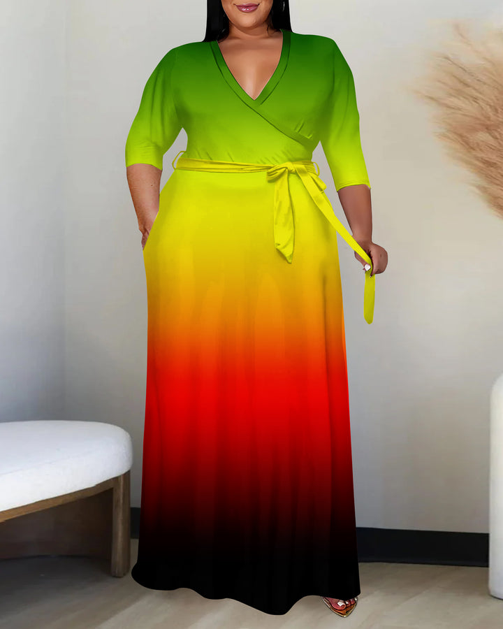 Reggae Gradient Color 3/4 Sleeves Bohemian Long Dress