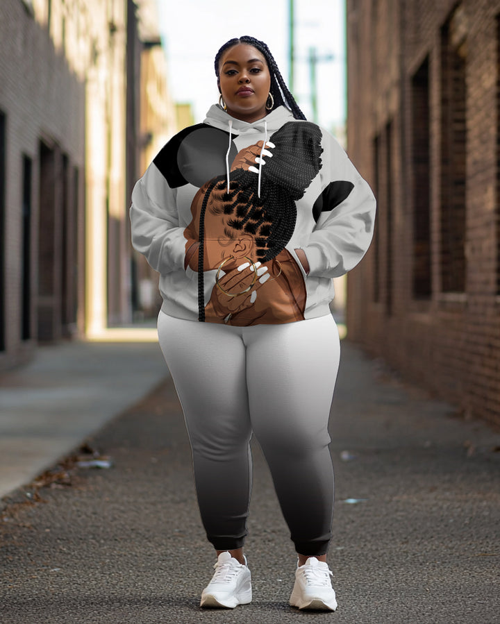 Braided Brown Women Print Long Sleeve Hoodie Two Pieces Set