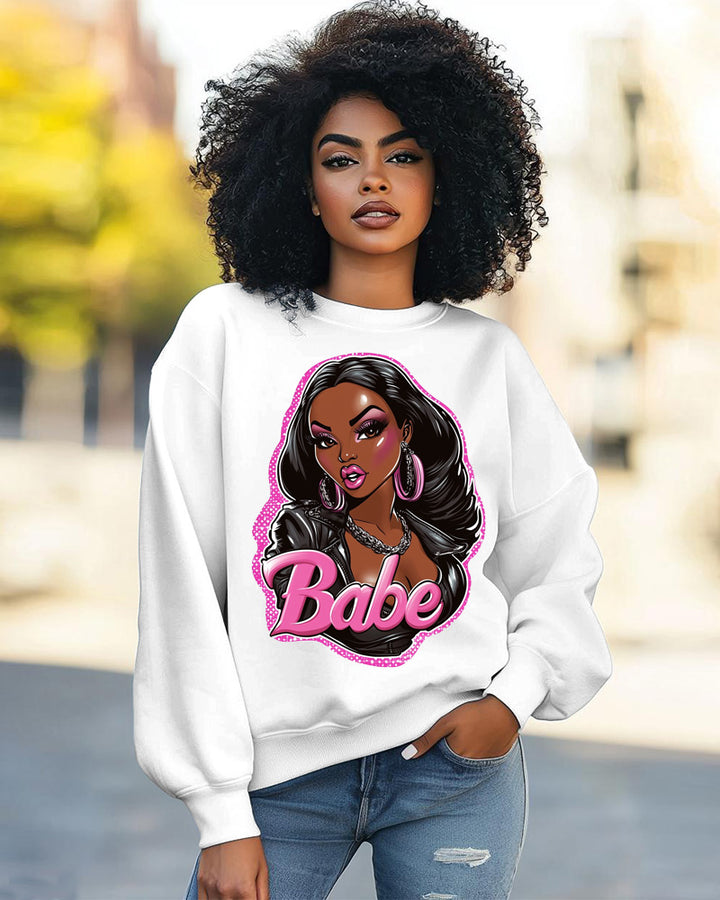 Fashion Doll Print Round Neck Long Sleeve Casual Sweatshirt