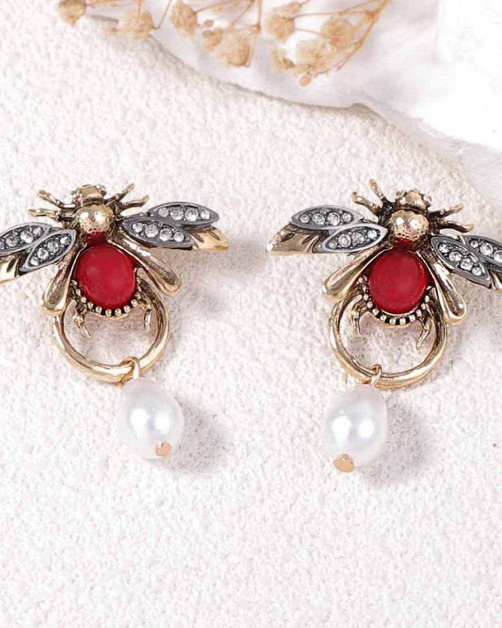 Teardrop Pearl Diamond Bee Earrings
