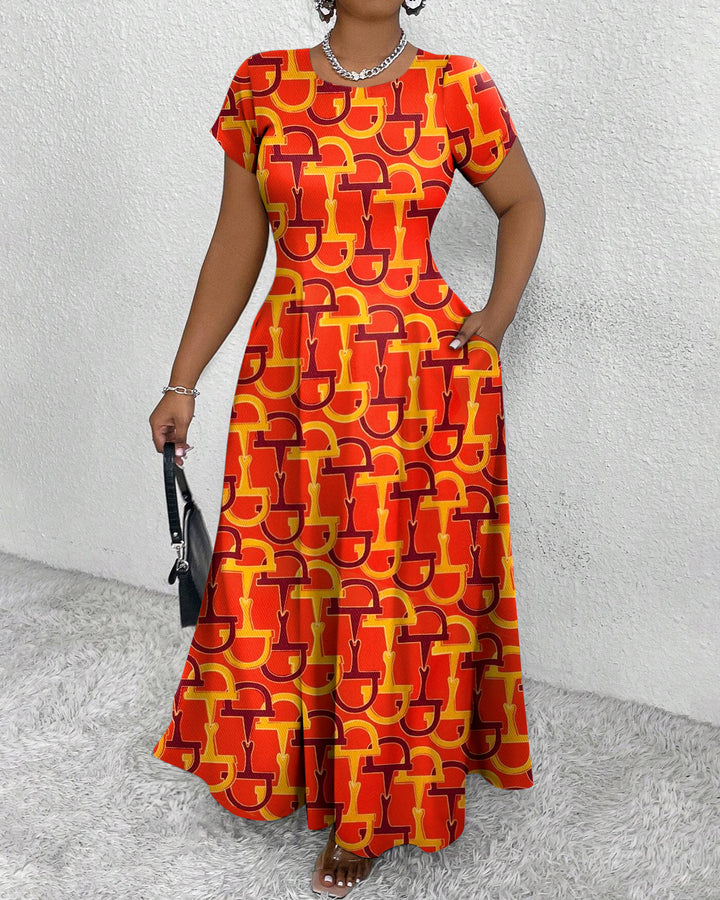 Fun Pattern Print Round Neck Short Sleeve Maxi Dress